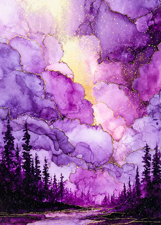 Purple Abstract Forest Gold Sky