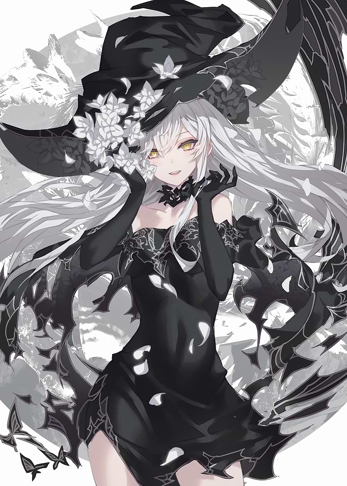Gothic Witch with White Hair and Flowers