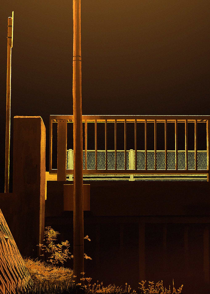 Nighttime bridge railing and poles