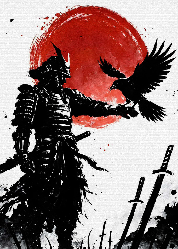 Samurai with Crow and Red Sun