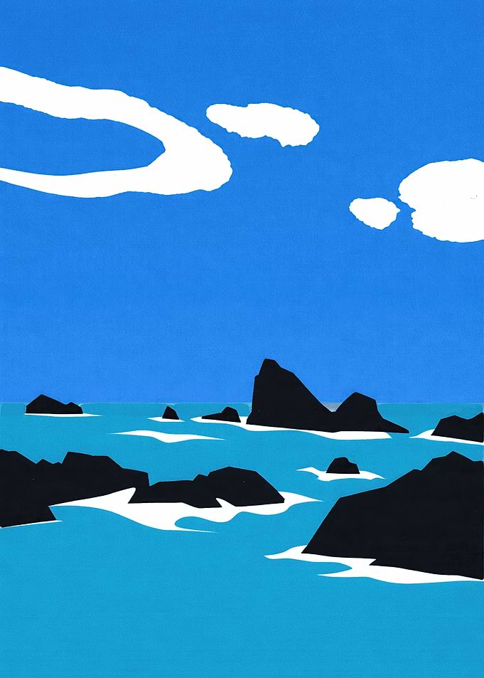 Stylized Seascape with Rocks and Clouds