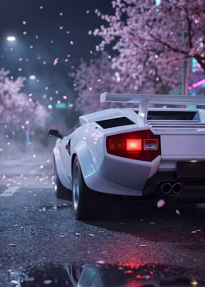 White Lamborghini Countach in Cherry Blossoms