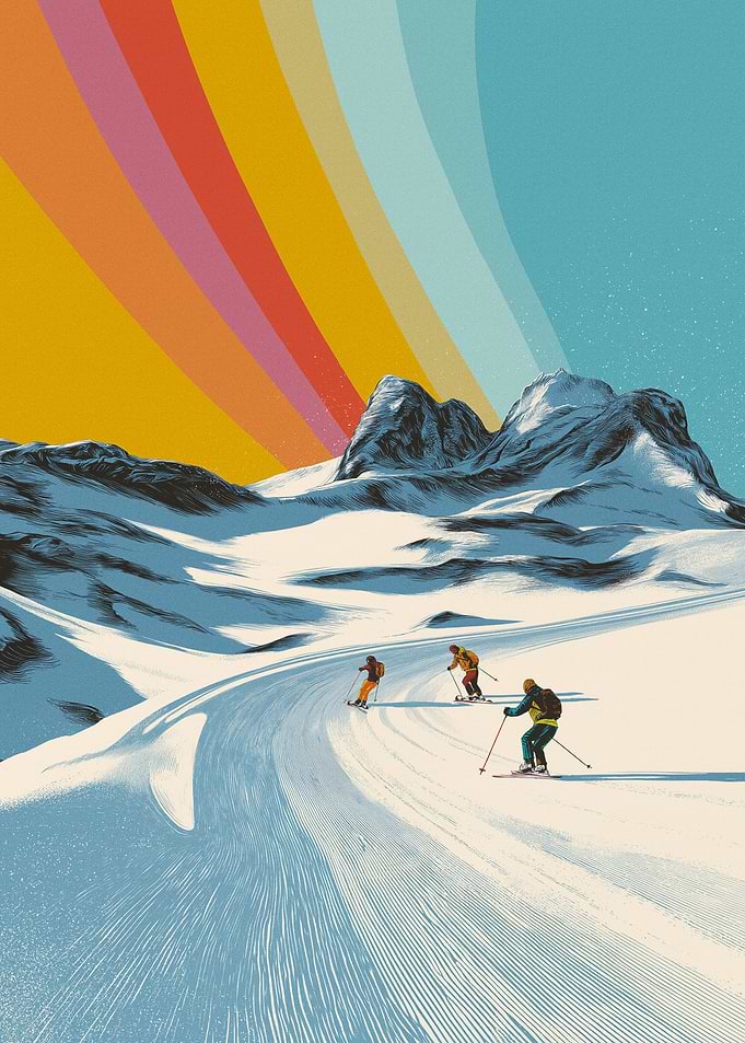Retro Skiing Rainbow Landscape