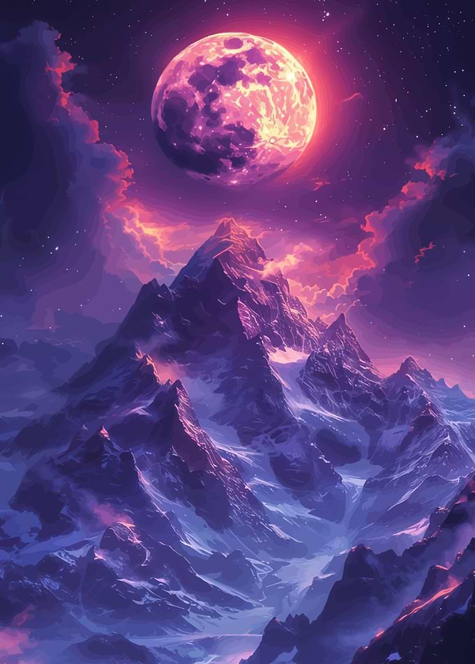 Mystical Moon Over Snowy Mountains