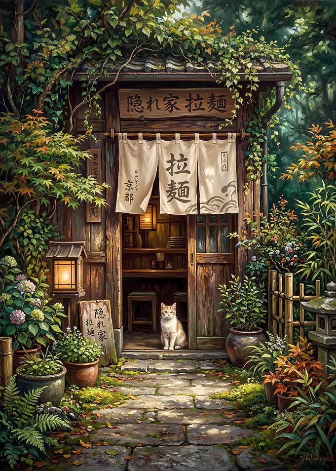 Cozy Japanese Ramen Shop Entrance with Cat