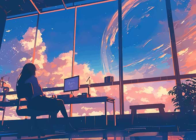 Girl at Desk Looking at Sky