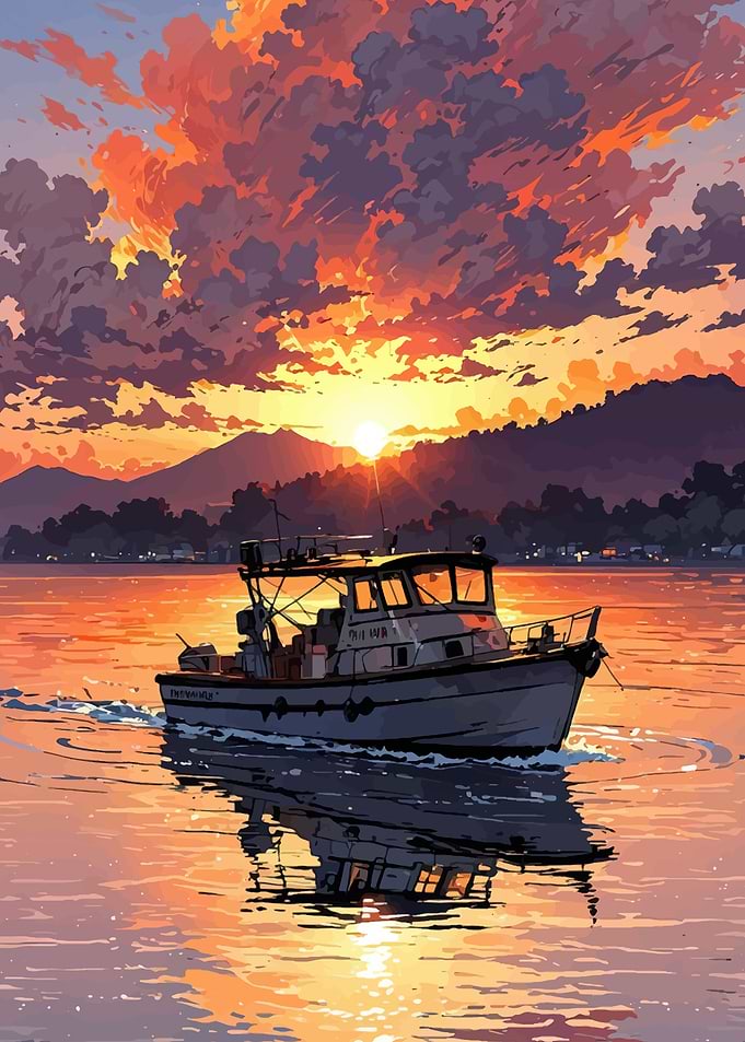 Boat sailing at sunset