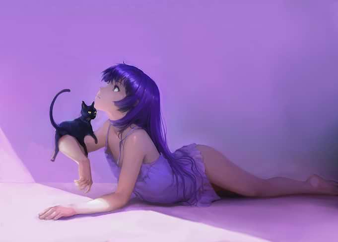 Girl with Black Cat in Purple Light