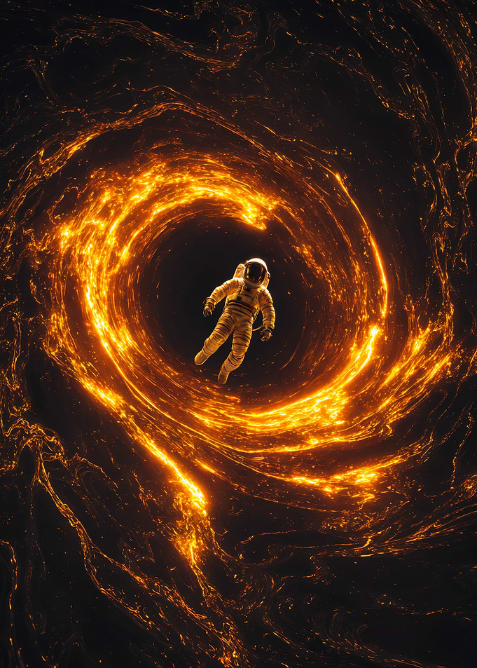 Astronaut In Gold Swirling Black Hole Vortex