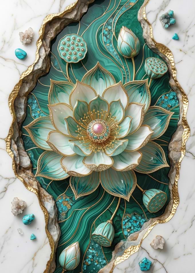 Malachite Lotus with Turquoise and Geodes