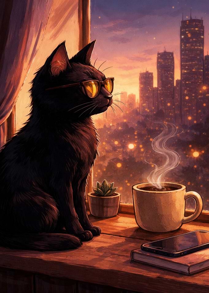 Black Cat with Glasses and Coffee