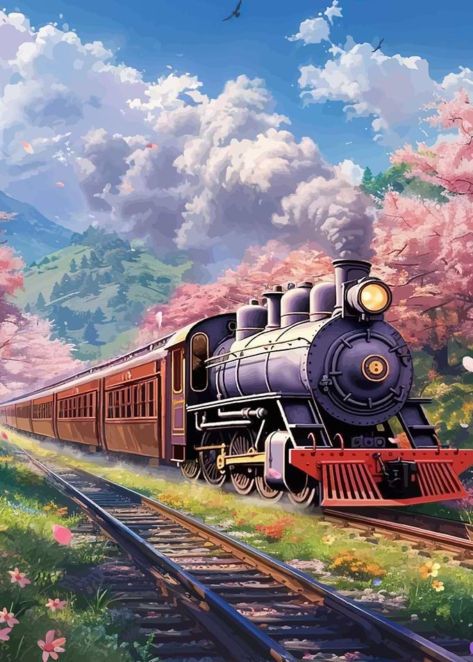 Vintage Train in Cherry Blossom Landscape