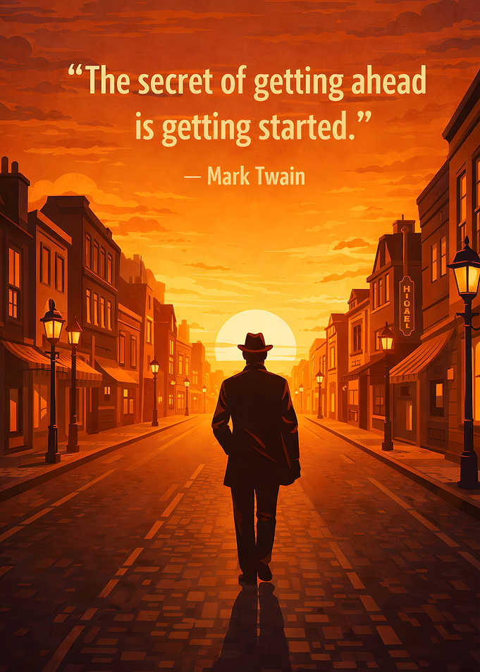 Man walking towards sunset quote