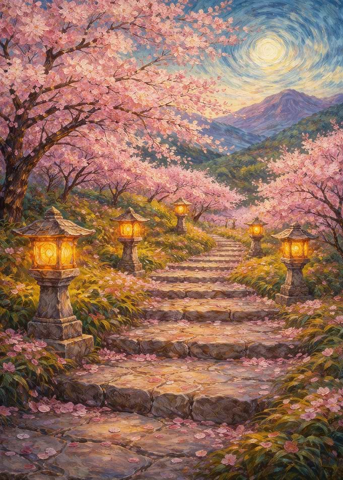 Enchanting Cherry Blossom Path with Lanterns