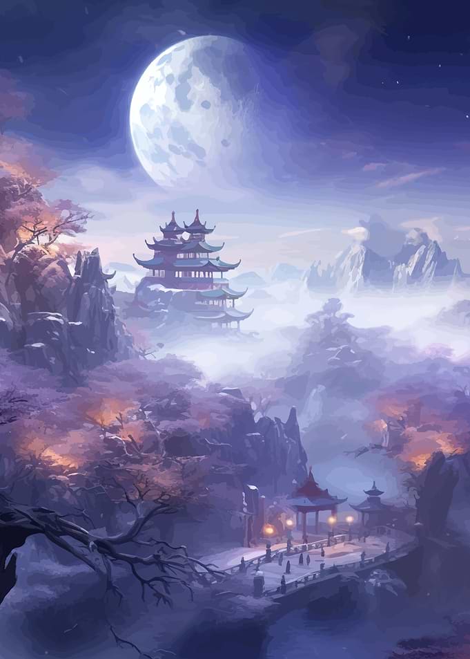 Mystical Asian Landscape Under Full Moon