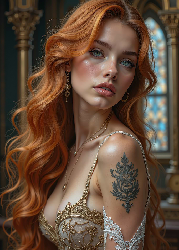 Red-haired woman in ornate dress