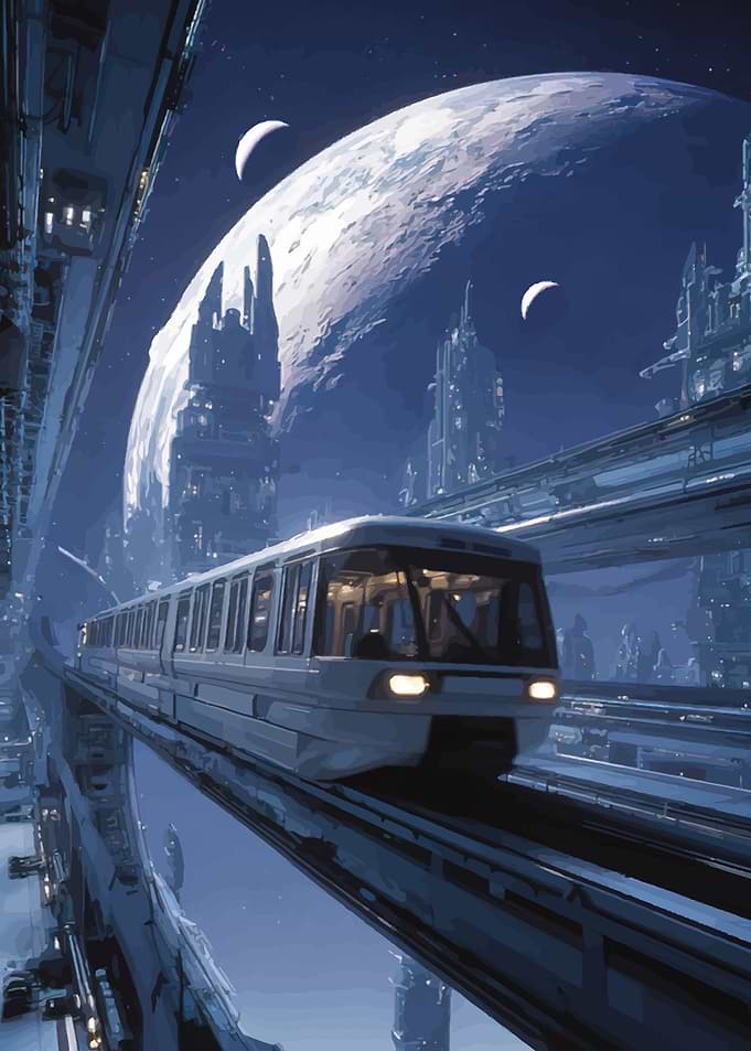 Futuristic Monorail Cityscape with Planet