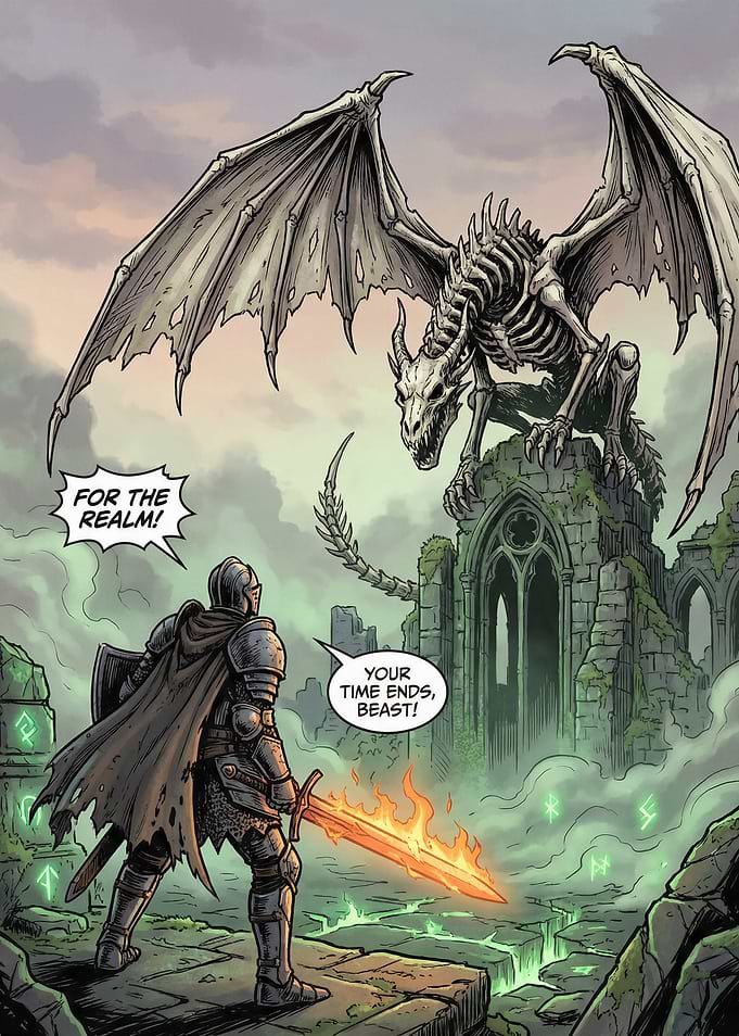 Knight battles skeletal dragon in ruins