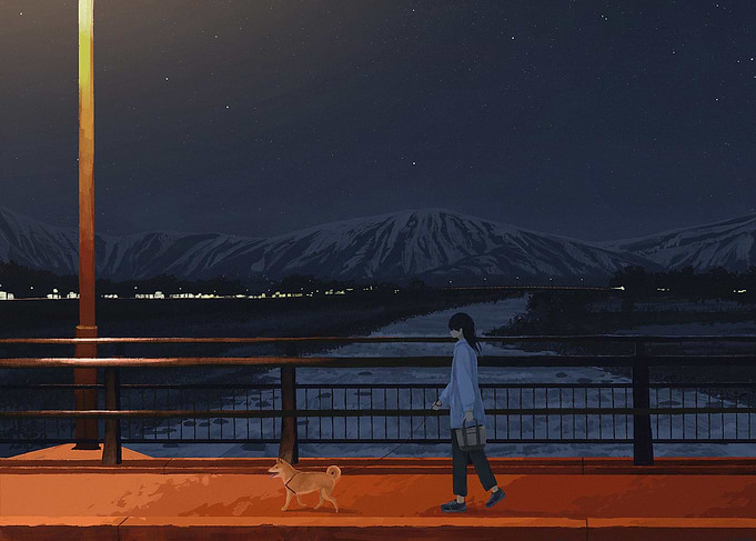Girl walking dog at night