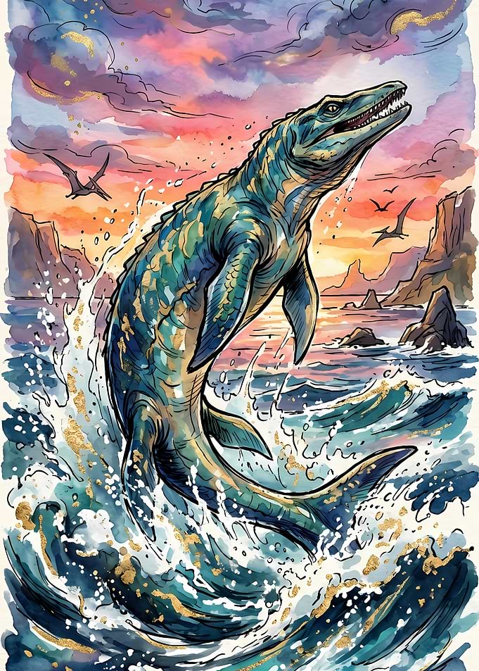 Mosasaurs and Pterodactyls at Sunset