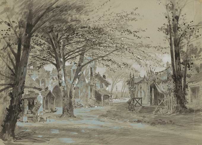 Sketch of a Village Scene with Trees