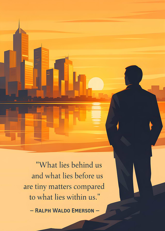 Man overlooking city at sunset