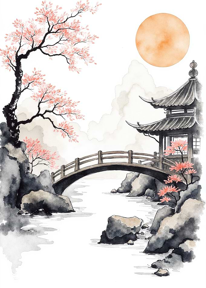 Japanese Garden with Cherry Blossoms