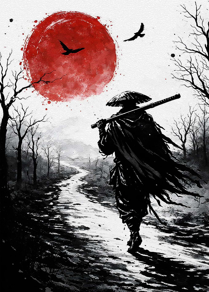 Samurai Walking Under a Red Sun