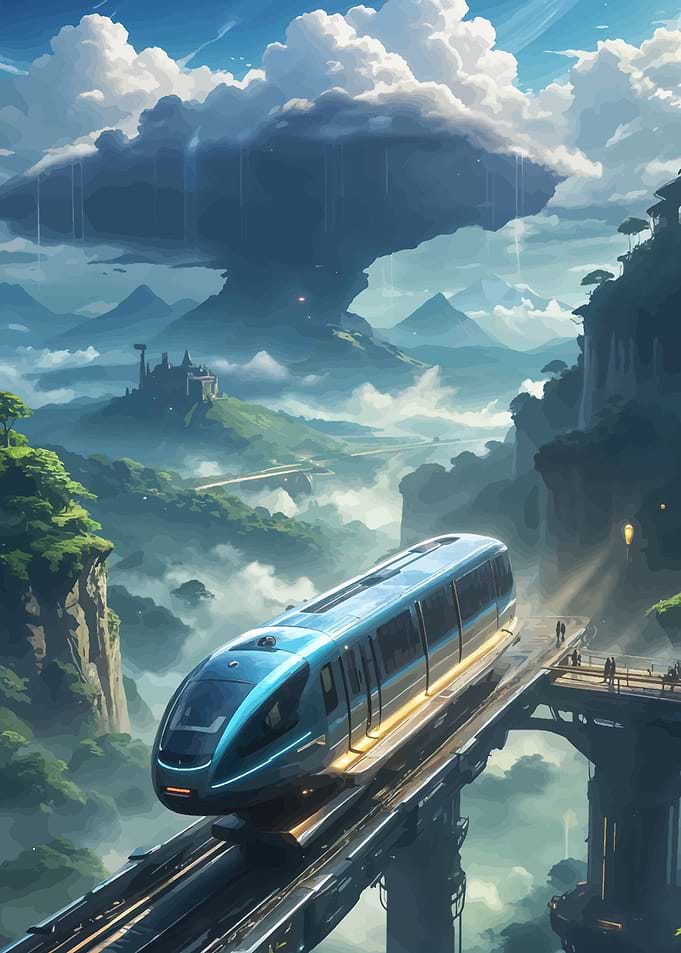 Futuristic Train in a Misty Landscape