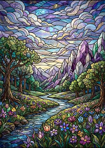 Stained Glass Landscape with Mountains and River