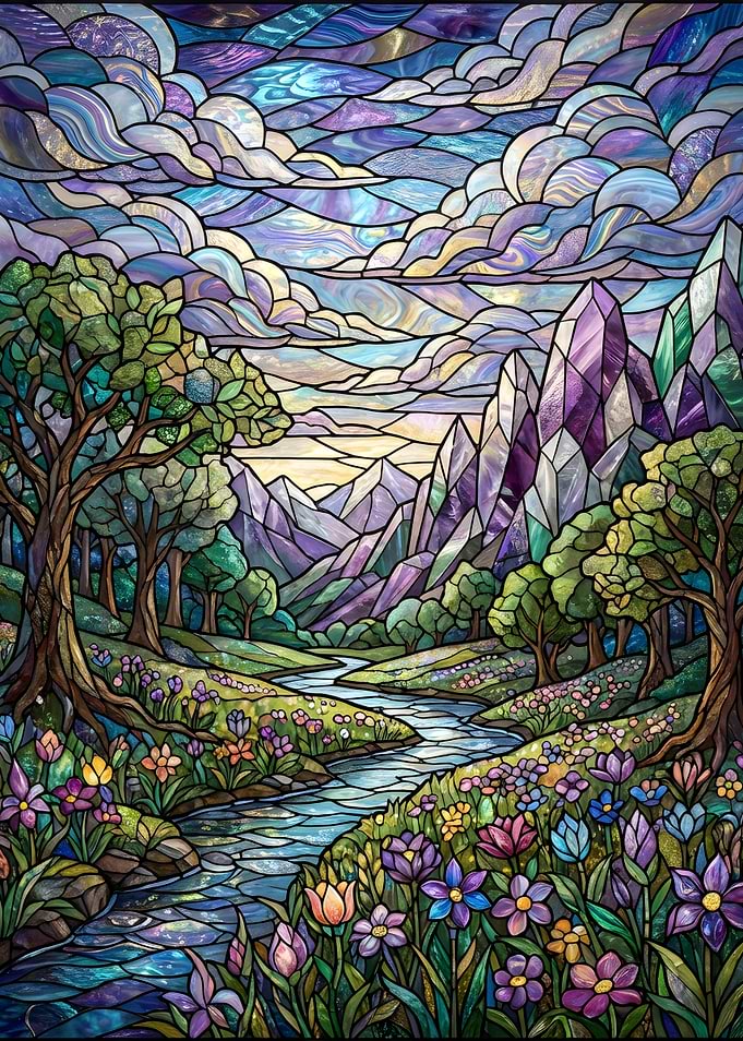 Stained Glass Landscape with Mountains and River