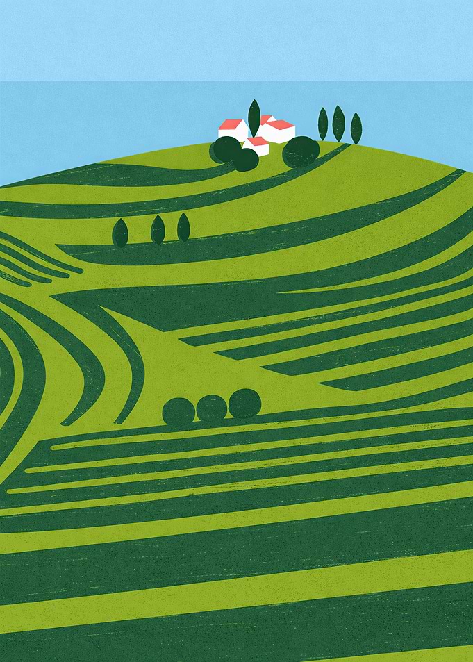 Rolling Hills with Houses and Trees