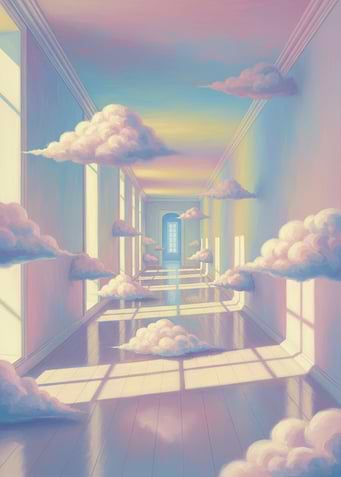 Surreal Hallway with Floating Clouds