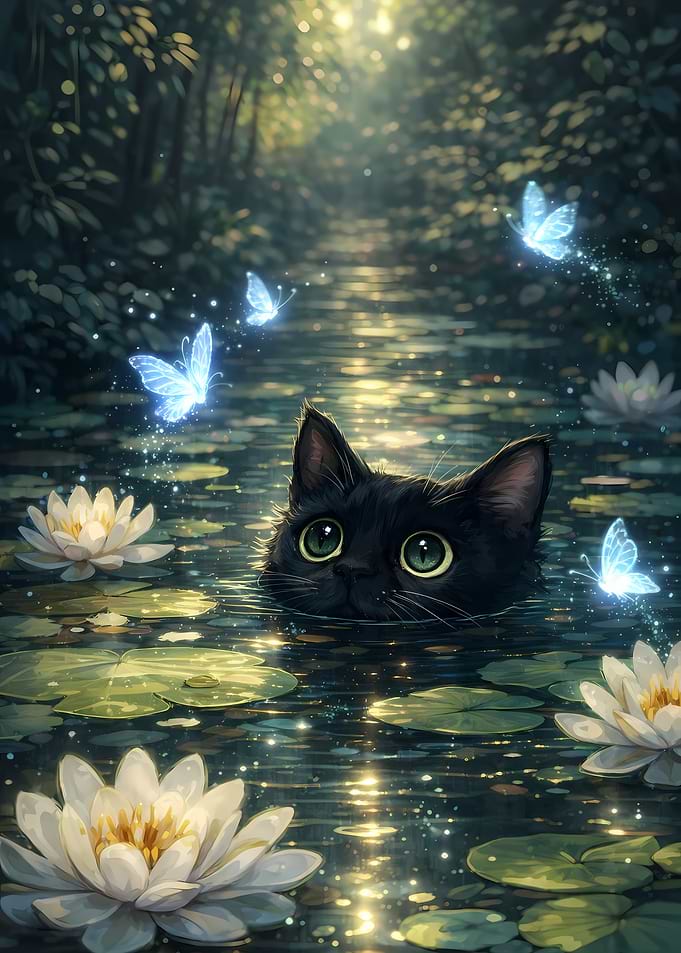Black Cat in a Lily Pond