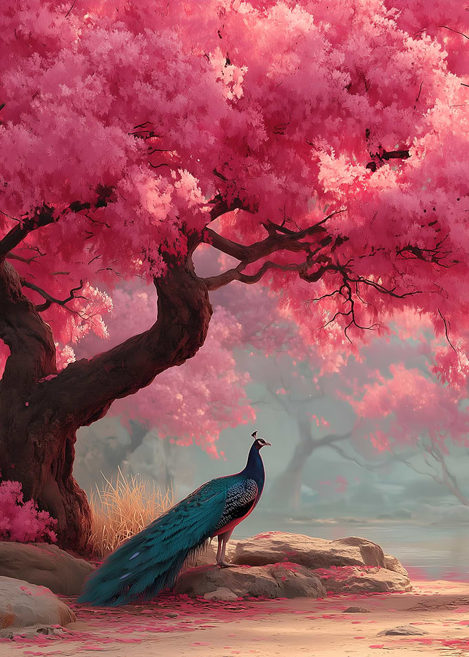 Peacock under Cherry Blossoms
