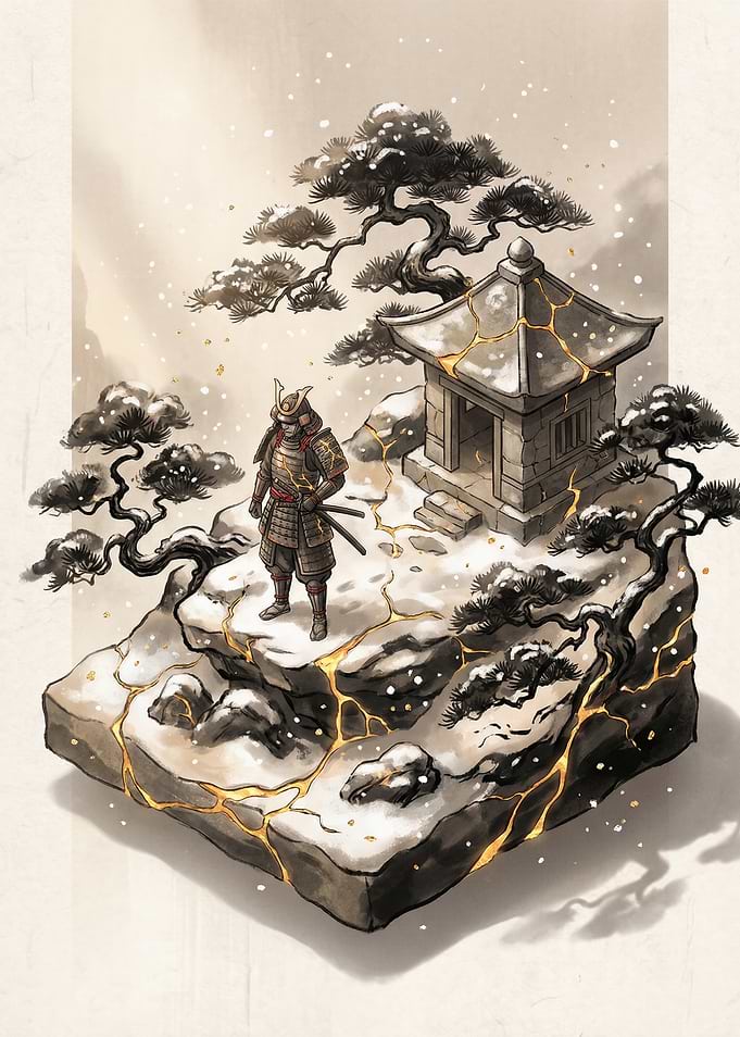 Samurai in Snowy Landscape with Kintsugi Temple