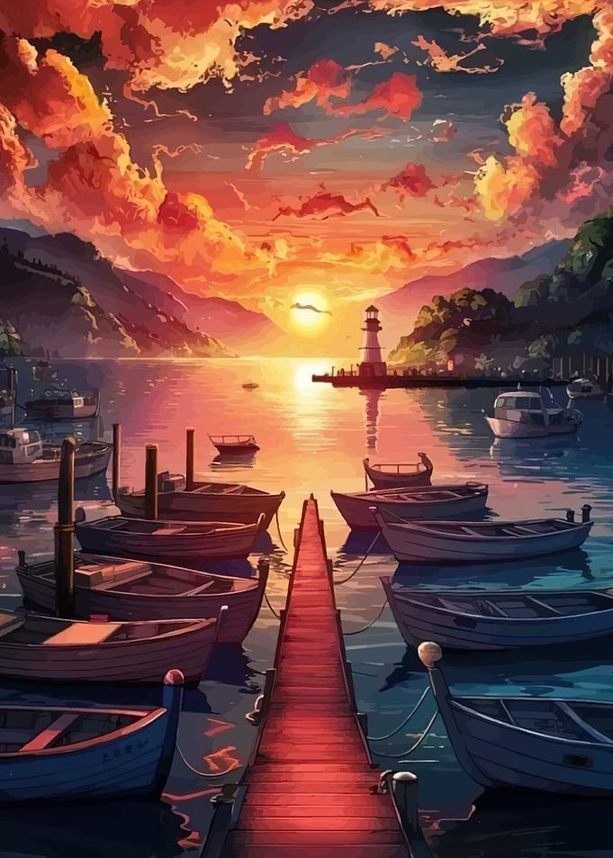 Sunset Harbor with Boats and Lighthouse