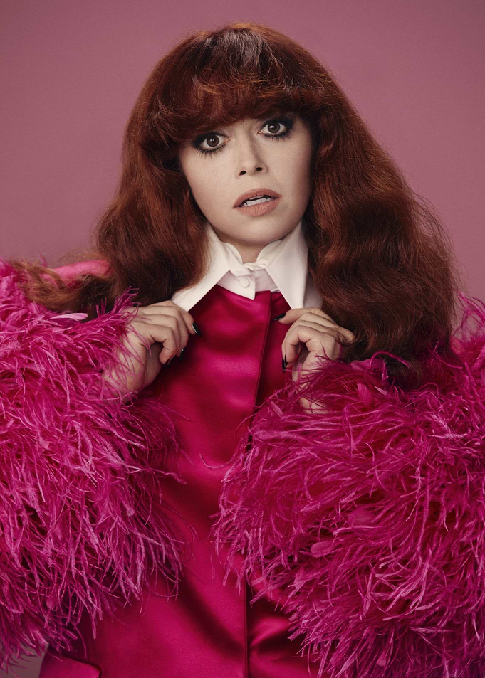 natasha lyonne in Pink Feathered Jacket