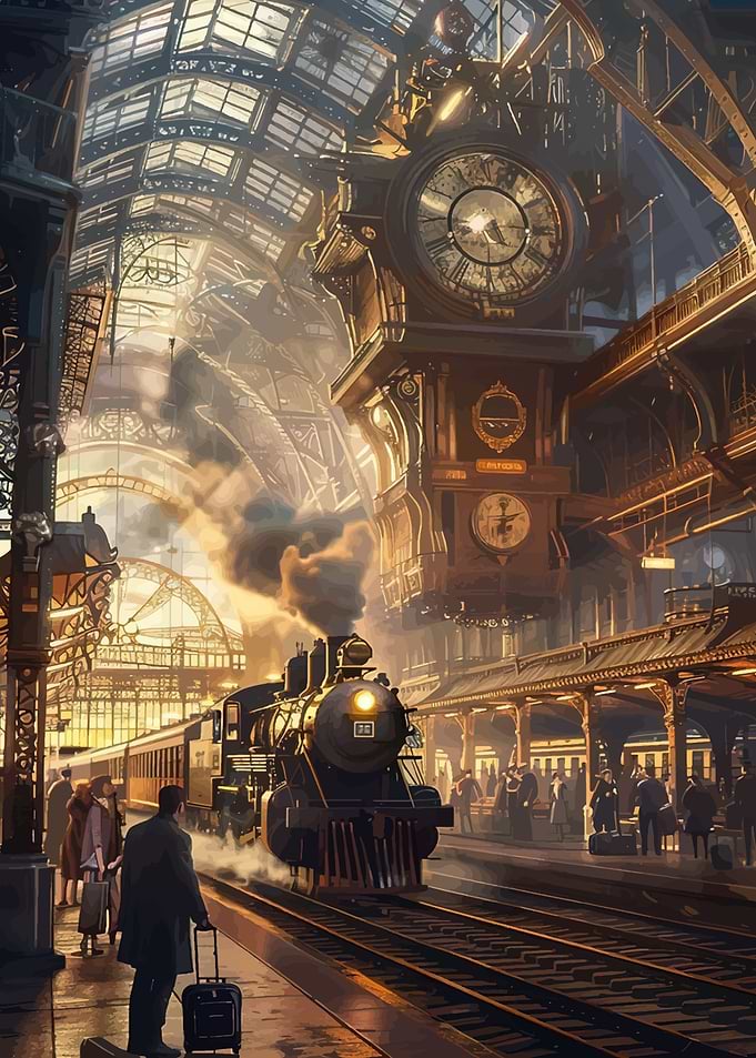Steampunk Train Station at Sunset