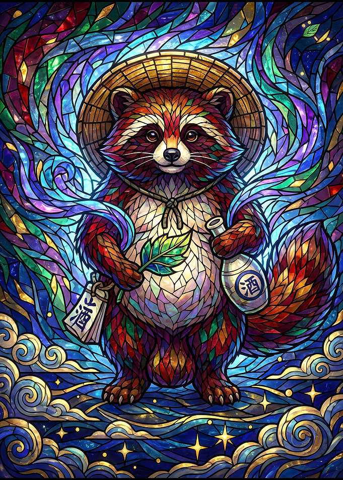 Stained Glass Raccoon or tanuki with Sake