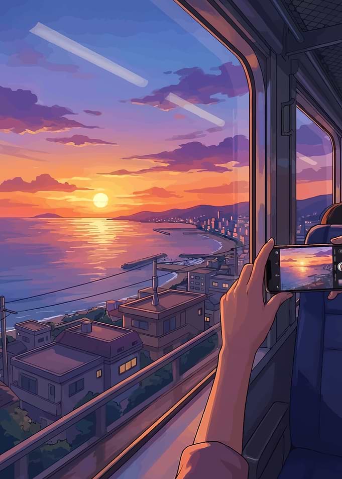 Train ride at sunset