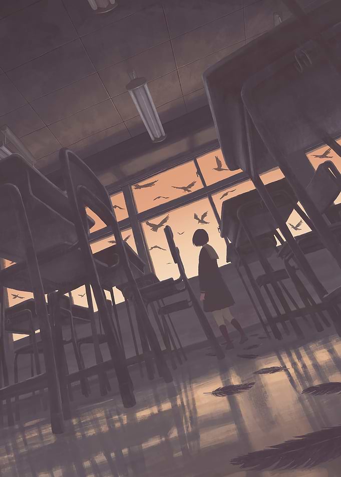 Girl in classroom with birds outside