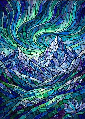 Stained Glass Aurora Borealis Over Mountains