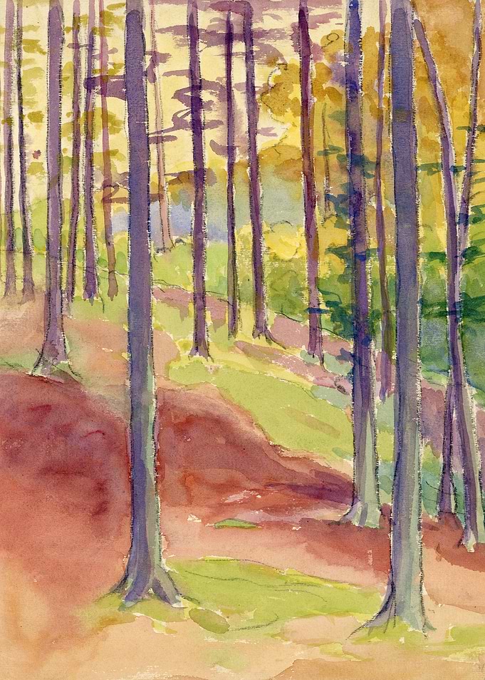Watercolor painting of a forest path