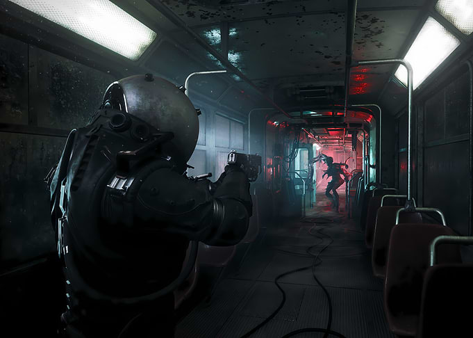 Sci-fi soldier in a derelict train