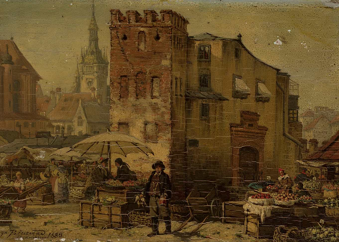 Market scene with historic architecture
