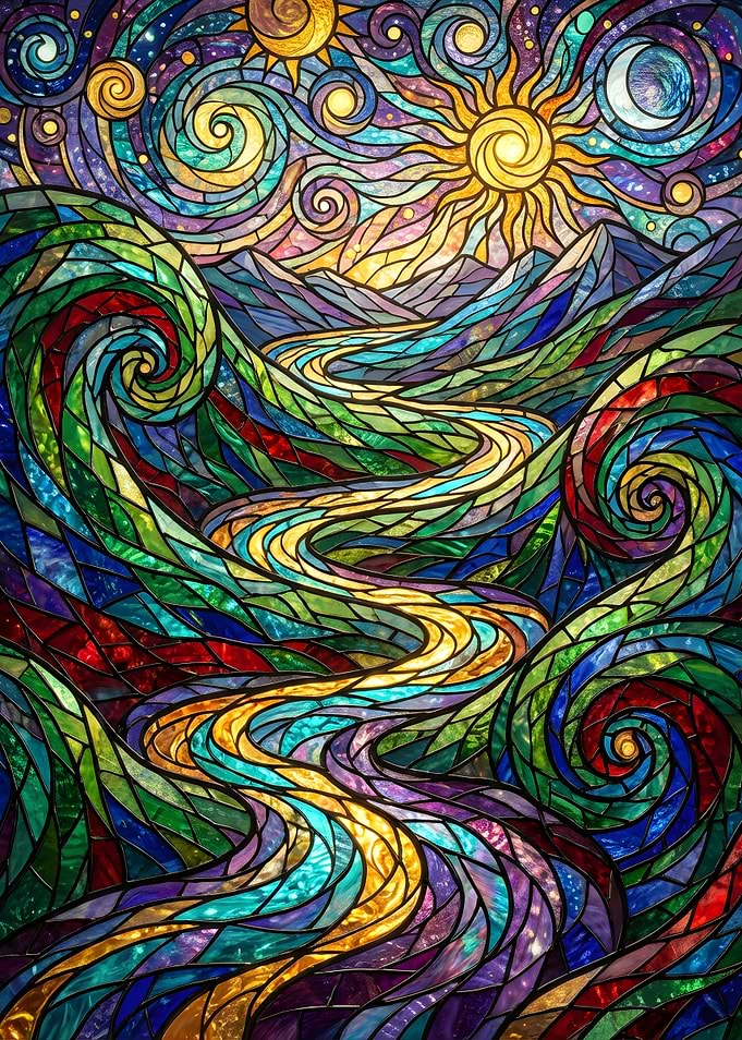 Stained Glass Landscape with Sun and Moon