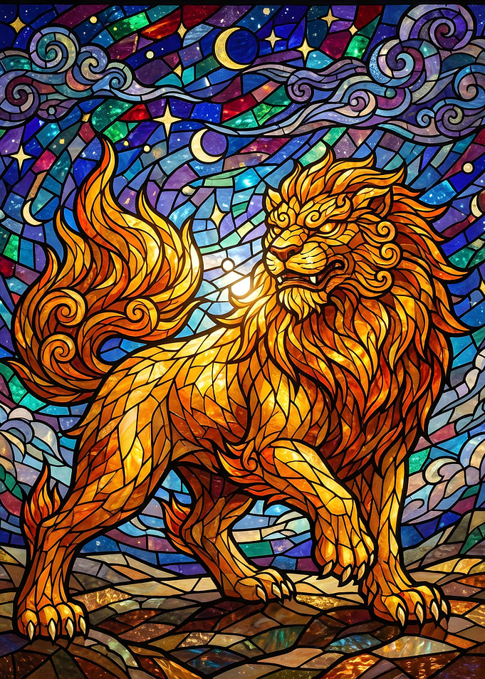 Stained Glass Lion in Cosmic Sky