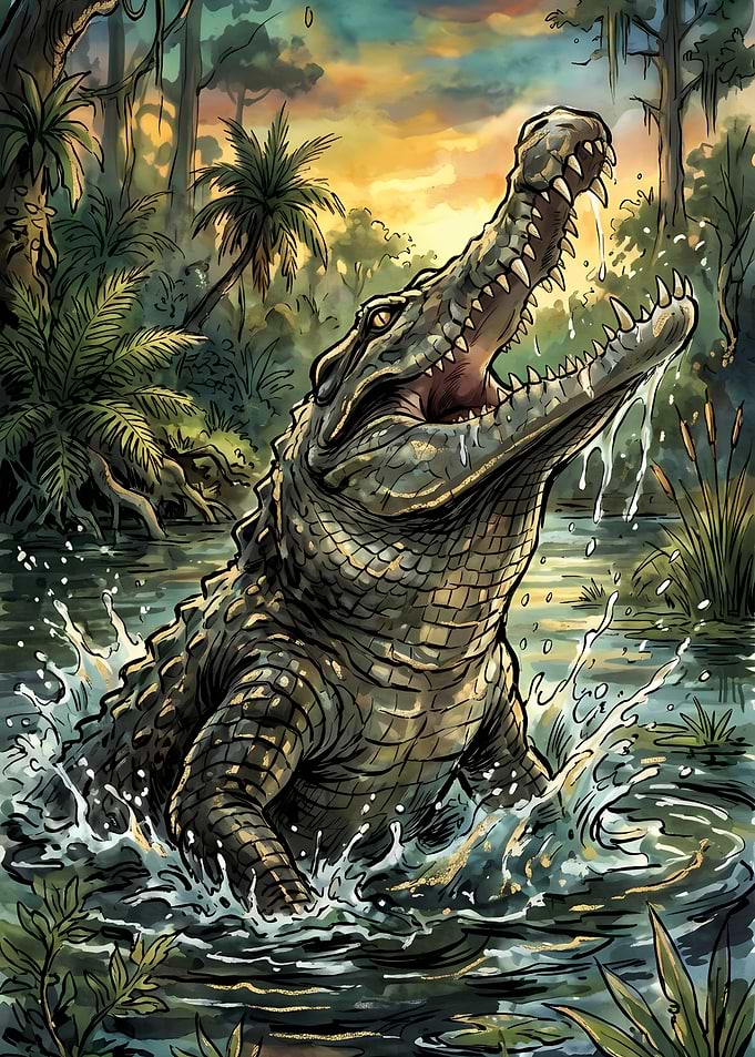 Alligator emerging from swamp at sunset