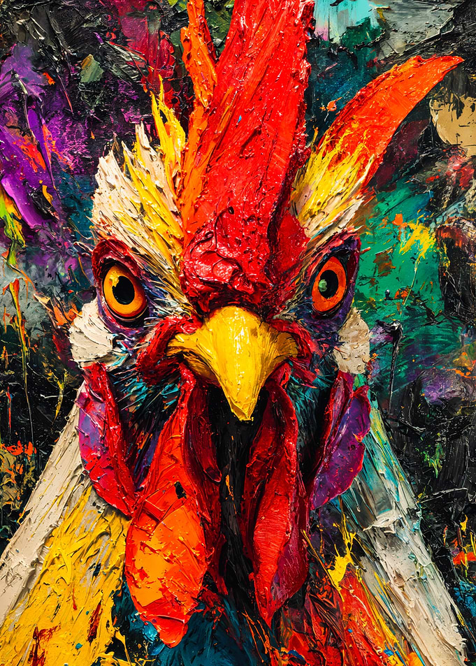 Colorful Textured Rooster Portrait Painting